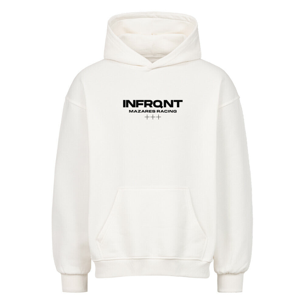 Oversized Hoodie INFRQNT von Mazares Racing in weiß mit Frontprint „INFRQNT Mazares Racing“ und Backprint „We Don’t Fit in Your System“. Statement-Hoodie für Biker und Streetwear-Fans, minimalistisches Design, hochwertiger Stoff.