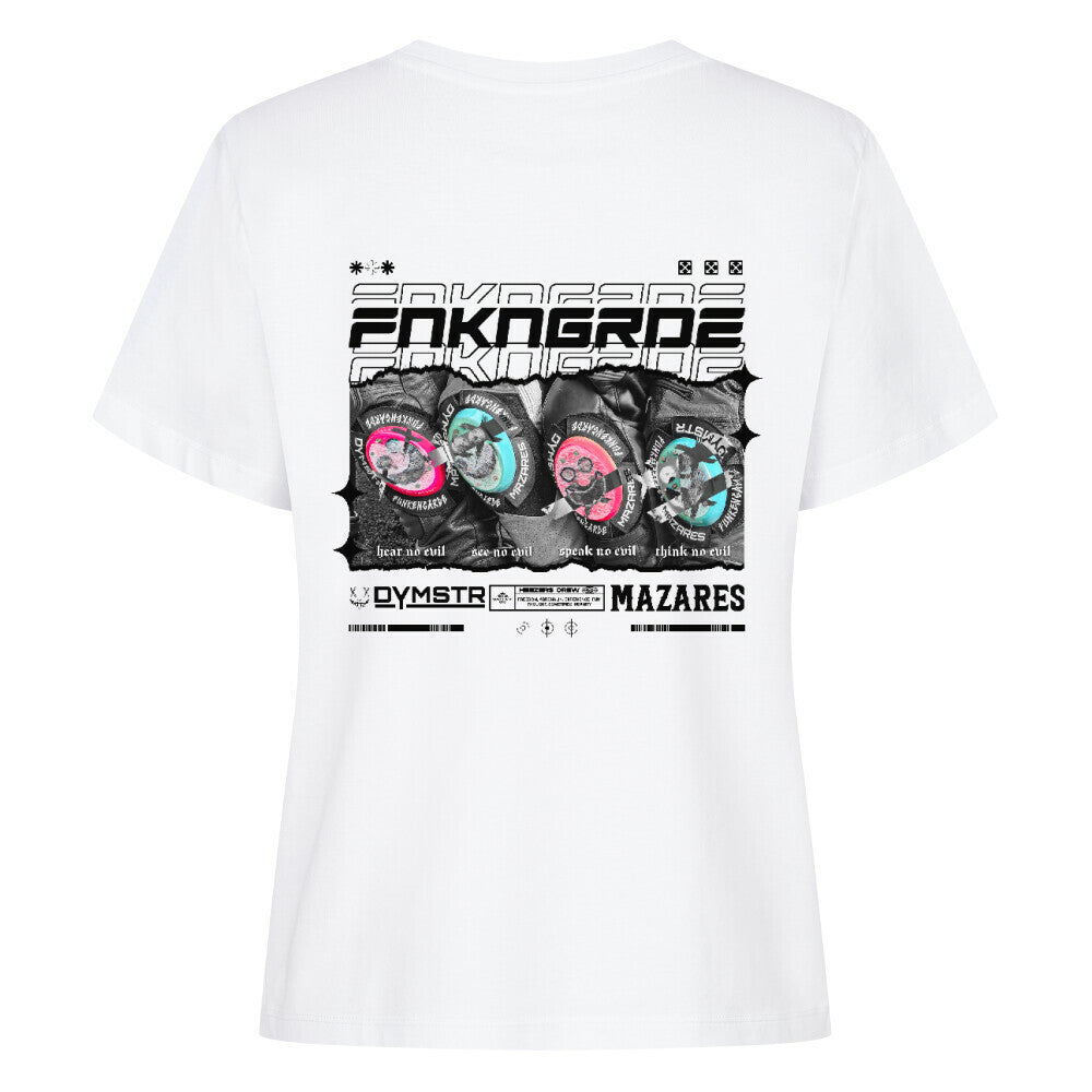 Mazares Racing Ladies Shirt Funkengarde in Kooperation mit Dymostar. Weißes Damen T-Shirt mit markantem Knieschleifer-Design auf der Rückseite und cleanem Frontprint im Mazares Racing Style.