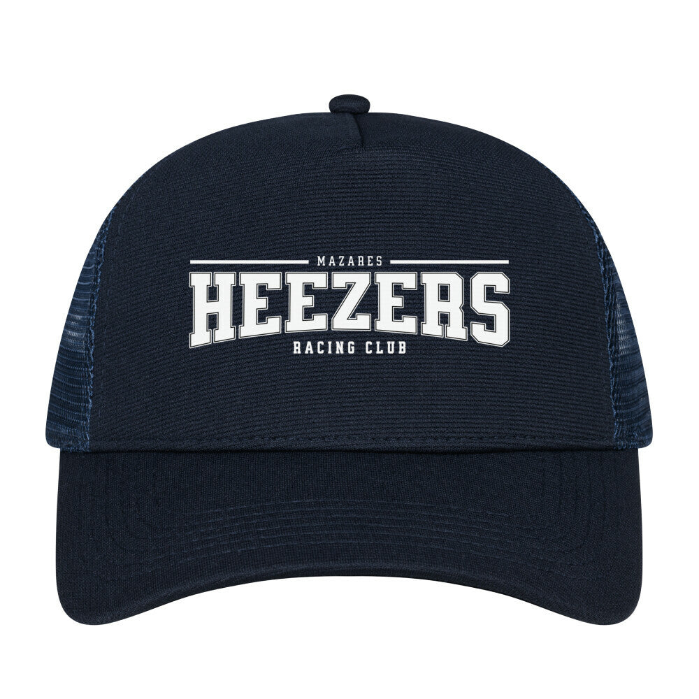 French navy Mazares Heezers Racing Club Trucker Cap mit Frontprint und atmungsaktivem Mesh-Rücken im Motorsport Streetwear Design