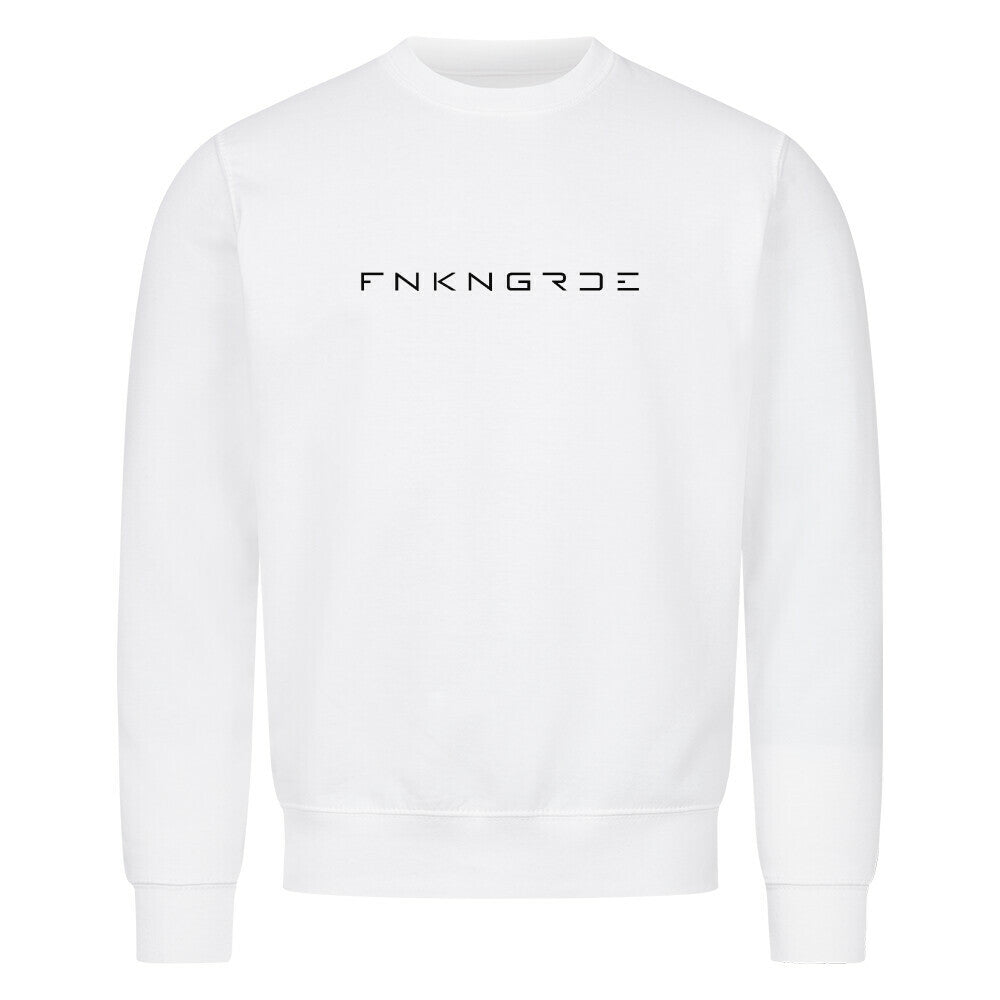Funkengarde Sweatshirt – Spread Legs / Knees Down von Mazares Racing. Weißes Biker-Sweatshirt aus 80 % Baumwolle mit Racing-Motiv und Typographie-Print. Streetwear für Motorradfahrer und Racing-Enthusiasten.