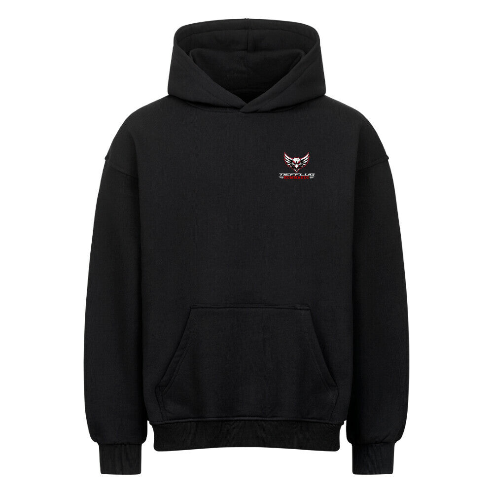 Mazares Racing Tiefflug Kommando Oversized Hoodie in Schwarz mit cleanem Frontprint und hochwertigem Streetwear Fit für Motorradfahrer.