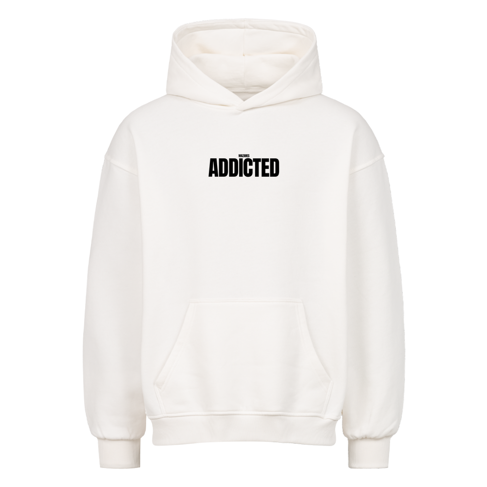 Weißer Mazares Ride Addicted Oversized Hoodie mit dezentem „Mazares Addicted“ Brustprint.