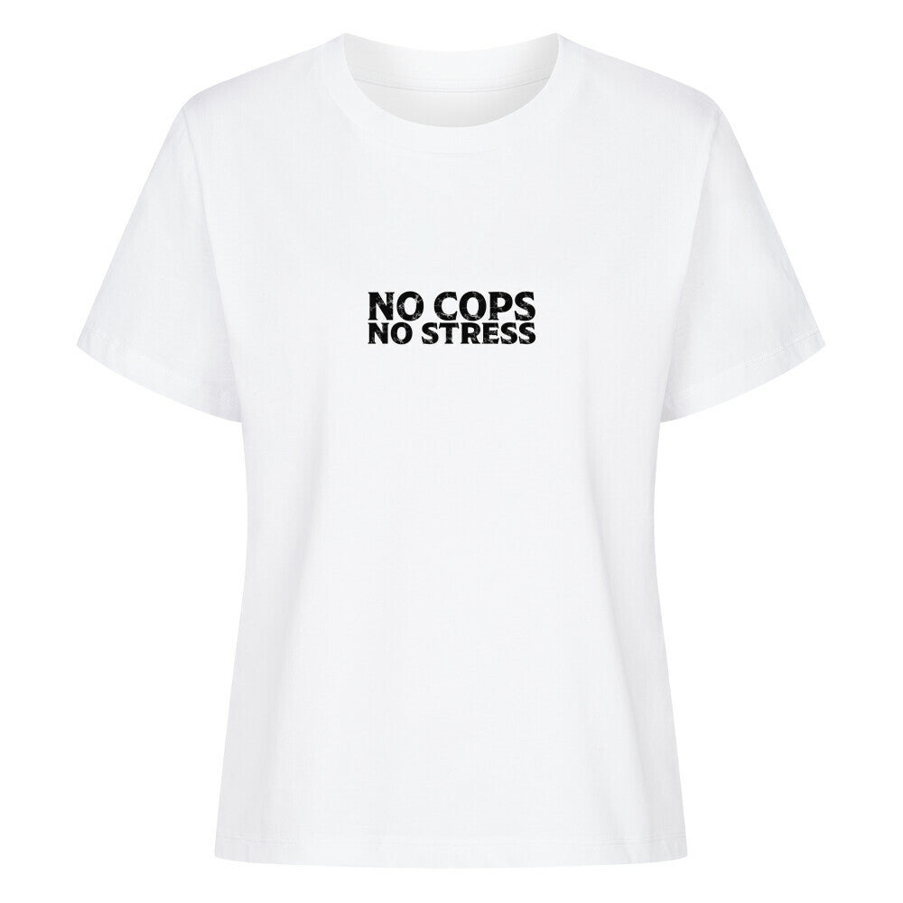 Mazares Damen Biker T-Shirt mit „No Cops No Stress“ Schriftzug auf der Brust. Femininer Schnitt mit bequemem Tragegefühl und minimalistischer Biker-Typografie.