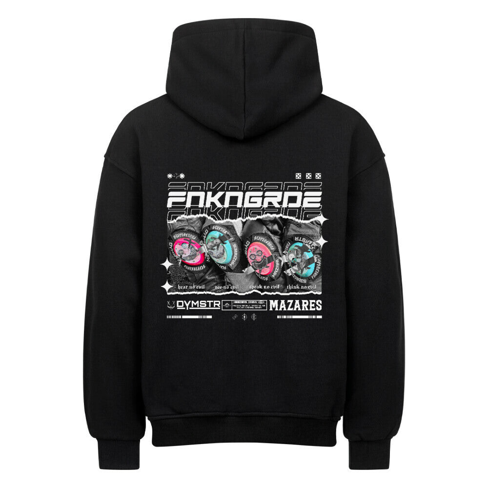 Oversized Streetwear T-Shirt mit Mazares x Dymstr Design „Funkengarde“. Vier Knieschleifer mit farbigen Prints und den Sprüchen hear no evil, see no evil, speak no evil, think no evil. Hochwertiges Biker-Streetwear-Design inspiriert von Racing-Kultur, Adrenalin und Asphalt. Mazares Racing x Dymstar Limited Drop. schwarz back