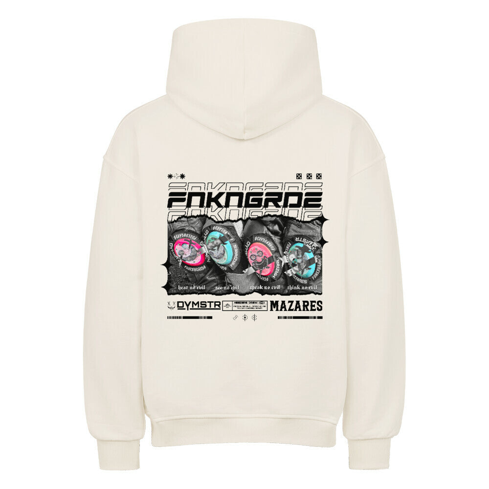 Oversized Streetwear T-Shirt mit Mazares x Dymstr Design „Funkengarde“. Vier Knieschleifer mit farbigen Prints und den Sprüchen hear no evil, see no evil, speak no evil, think no evil. Hochwertiges Biker-Streetwear-Design inspiriert von Racing-Kultur, Adrenalin und Asphalt. Mazares Racing x Dymstar Limited Drop. natural raw back