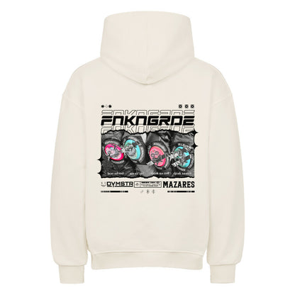 Oversized Streetwear T-Shirt mit Mazares x Dymstr Design „Funkengarde“. Vier Knieschleifer mit farbigen Prints und den Sprüchen hear no evil, see no evil, speak no evil, think no evil. Hochwertiges Biker-Streetwear-Design inspiriert von Racing-Kultur, Adrenalin und Asphalt. Mazares Racing x Dymstar Limited Drop. natural raw back