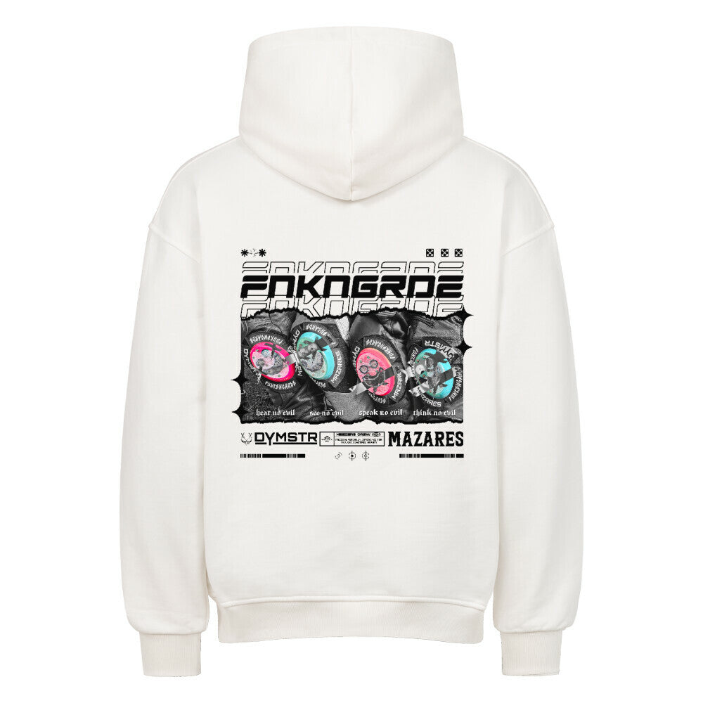 Oversized Streetwear T-Shirt mit Mazares x Dymstr Design „Funkengarde“. Vier Knieschleifer mit farbigen Prints und den Sprüchen hear no evil, see no evil, speak no evil, think no evil. Hochwertiges Biker-Streetwear-Design inspiriert von Racing-Kultur, Adrenalin und Asphalt. Mazares Racing x Dymstar Limited Drop. weiß back