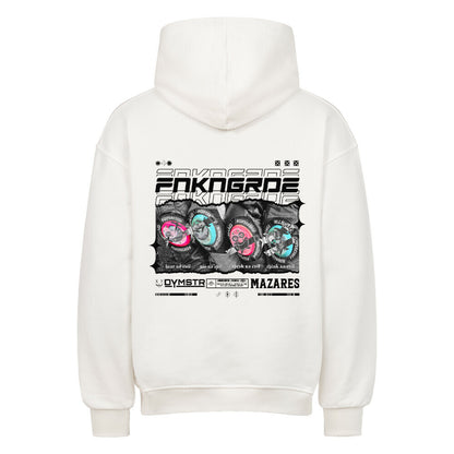 Oversized Streetwear T-Shirt mit Mazares x Dymstr Design „Funkengarde“. Vier Knieschleifer mit farbigen Prints und den Sprüchen hear no evil, see no evil, speak no evil, think no evil. Hochwertiges Biker-Streetwear-Design inspiriert von Racing-Kultur, Adrenalin und Asphalt. Mazares Racing x Dymstar Limited Drop. weiß back