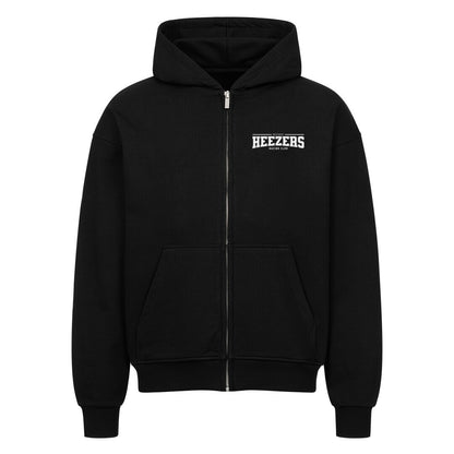Zip-Hoodie mit College-Schriftzug, hochwertige Kapuze und durchgehender Reißverschluss. schwarz