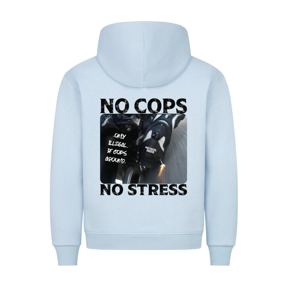 Frontansicht eines schwarzen Mazares Classic Biker Hoodies mit „No Cops No Stress“ Schriftzug auf der Brust. Klassischer Schnitt mit Kapuze inklusive Metallkordeln und Bauchtasche.