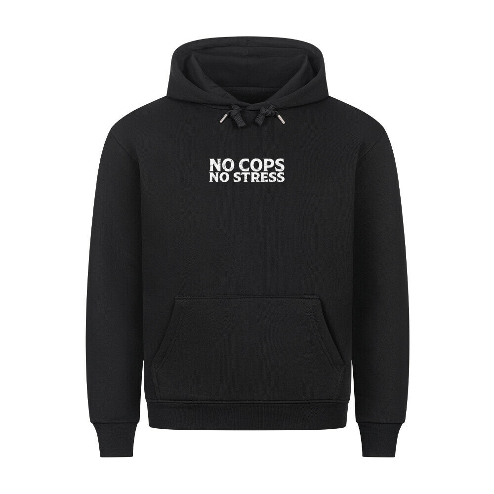 Frontansicht eines schwarzen Mazares Classic Biker Hoodies mit „No Cops No Stress“ Schriftzug auf der Brust. Klassischer Schnitt mit Kapuze inklusive Metallkordeln und Bauchtasche.