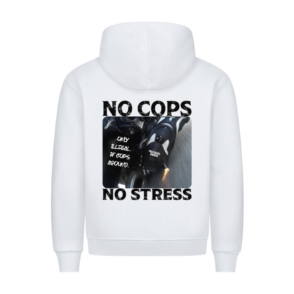 Frontansicht eines schwarzen Mazares Classic Biker Hoodies mit „No Cops No Stress“ Schriftzug auf der Brust. Klassischer Schnitt mit Kapuze inklusive Metallkordeln und Bauchtasche.