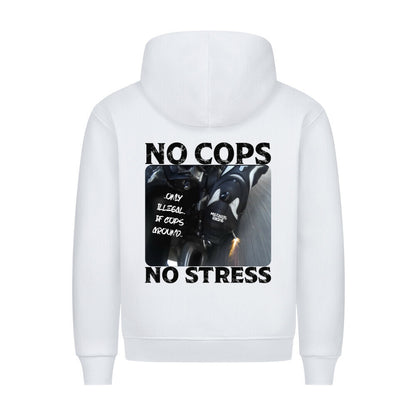 Frontansicht eines schwarzen Mazares Classic Biker Hoodies mit „No Cops No Stress“ Schriftzug auf der Brust. Klassischer Schnitt mit Kapuze inklusive Metallkordeln und Bauchtasche.