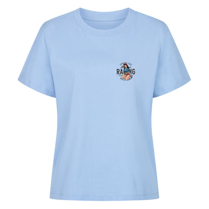 Mazares Racing Damen Shirt „Spread Legs / Knees Down“ – leichtes Bio-Baumwollshirt in legerem Schnitt mit Retro-Pin-up-Print und Mazares Racing Logo. sky blue
