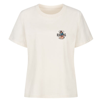 Mazares Racing Damen Shirt „Spread Legs / Knees Down“ – leichtes Bio-Baumwollshirt in legerem Schnitt mit Retro-Pin-up-Print und Mazares Racing Logo. natural