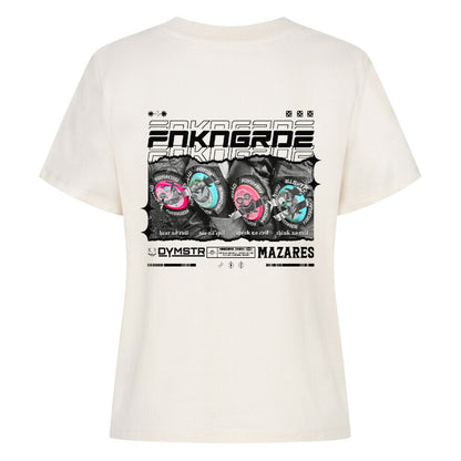 Mazares Racing Ladies Shirt Funkengarde in Kooperation mit Dymostar. Natural Damen T-Shirt mit markantem Knieschleifer-Design auf der Rückseite und cleanem Frontprint im Mazares Racing Style.