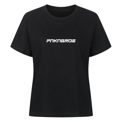 Mazares Racing Ladies Shirt Funkengarde in Kooperation mit Dymostar. Schwarzes Damen T-Shirt mit markantem Knieschleifer-Design auf der Rückseite und cleanem Frontprint im Mazares Racing Style.