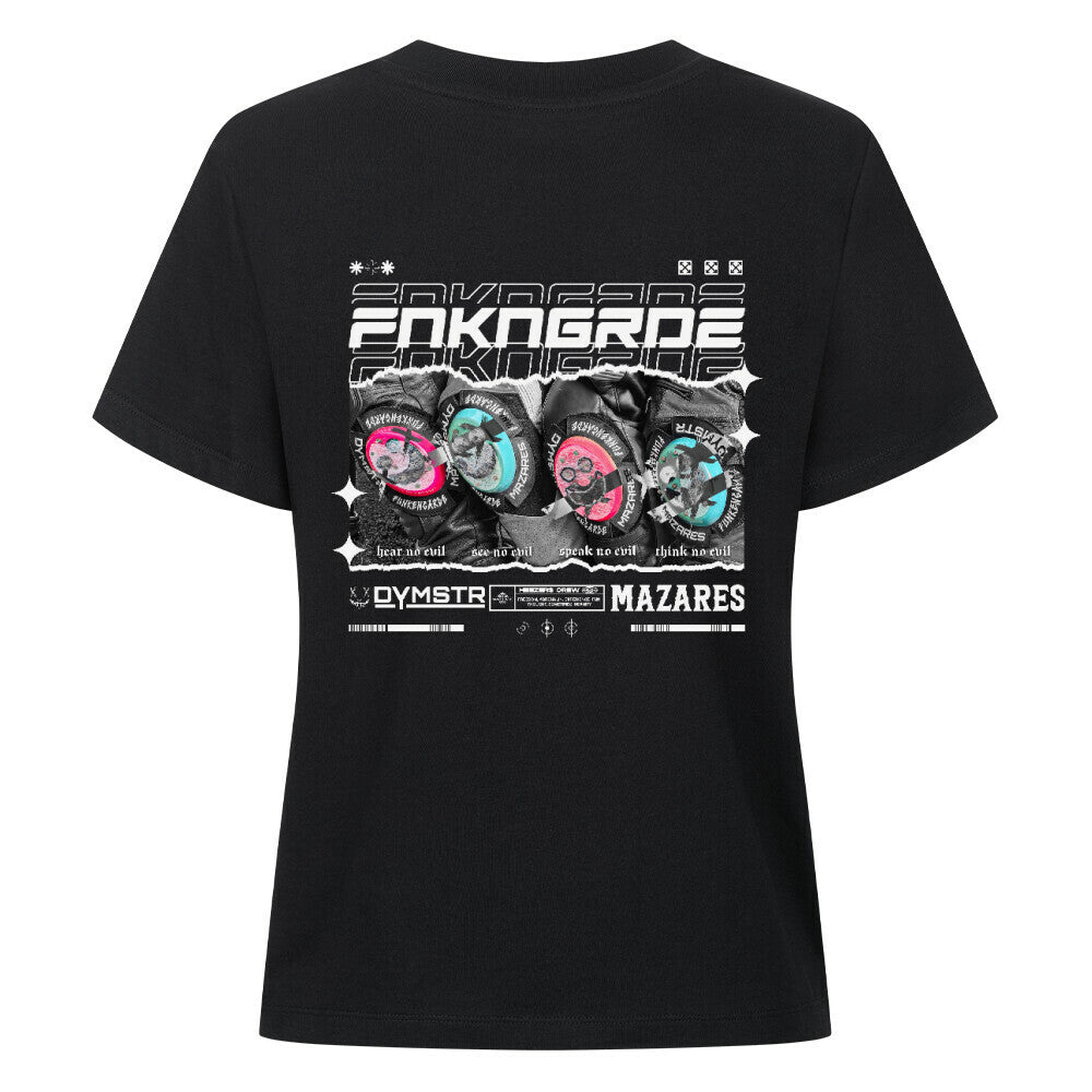 Mazares Racing Ladies Shirt Funkengarde in Kooperation mit Dymostar. Schwarzes Damen T-Shirt mit markantem Knieschleifer-Design auf der Rückseite und cleanem Frontprint im Mazares Racing Style.