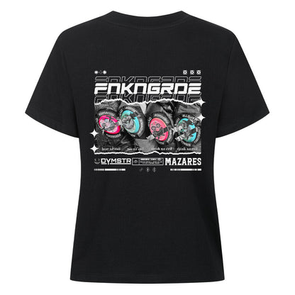 Mazares Racing Ladies Shirt Funkengarde in Kooperation mit Dymostar. Schwarzes Damen T-Shirt mit markantem Knieschleifer-Design auf der Rückseite und cleanem Frontprint im Mazares Racing Style.