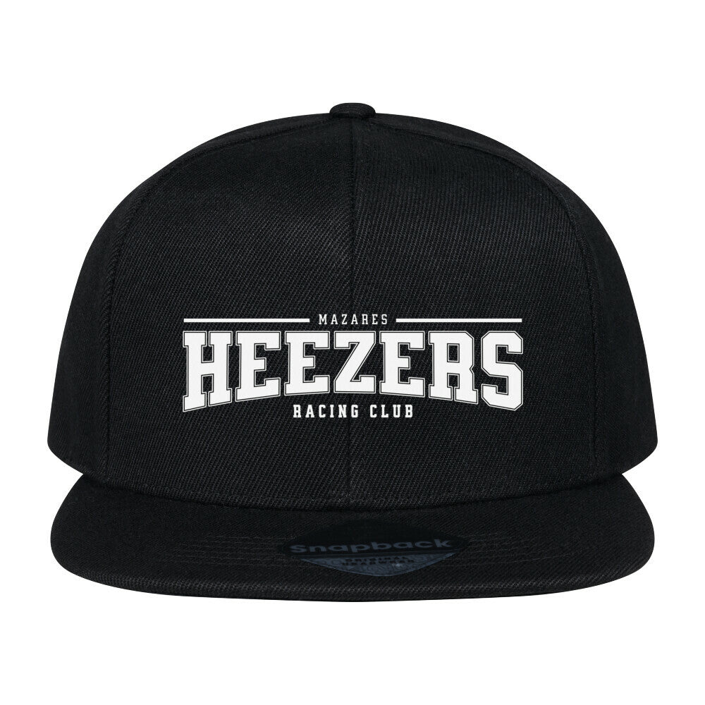 Schwarze Mazares Heezers Racing Club Snapback mit Flat Peak und Frontprint im Racing Club College Design