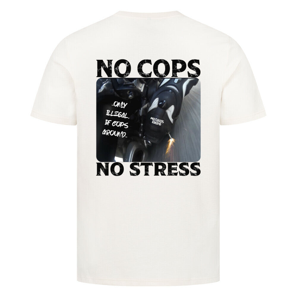 Mazares Herren T-Shirt mit „No Cops No Stress“ Schriftzug auf der Brust. Klassischer Schnitt mit angenehmem Baumwollstoff und minimalistischem Biker-Print.