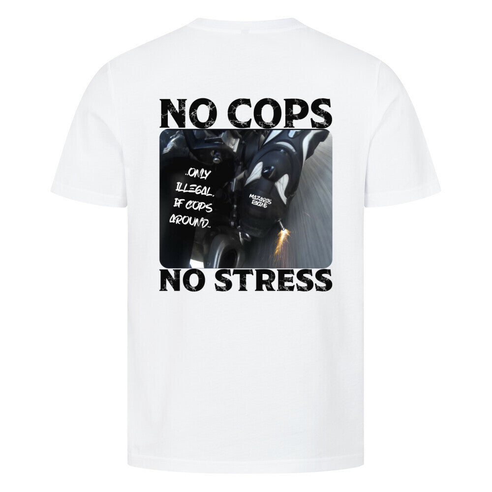 Mazares Herren T-Shirt mit „No Cops No Stress“ Schriftzug auf der Brust. Klassischer Schnitt mit angenehmem Baumwollstoff und minimalistischem Biker-Print.