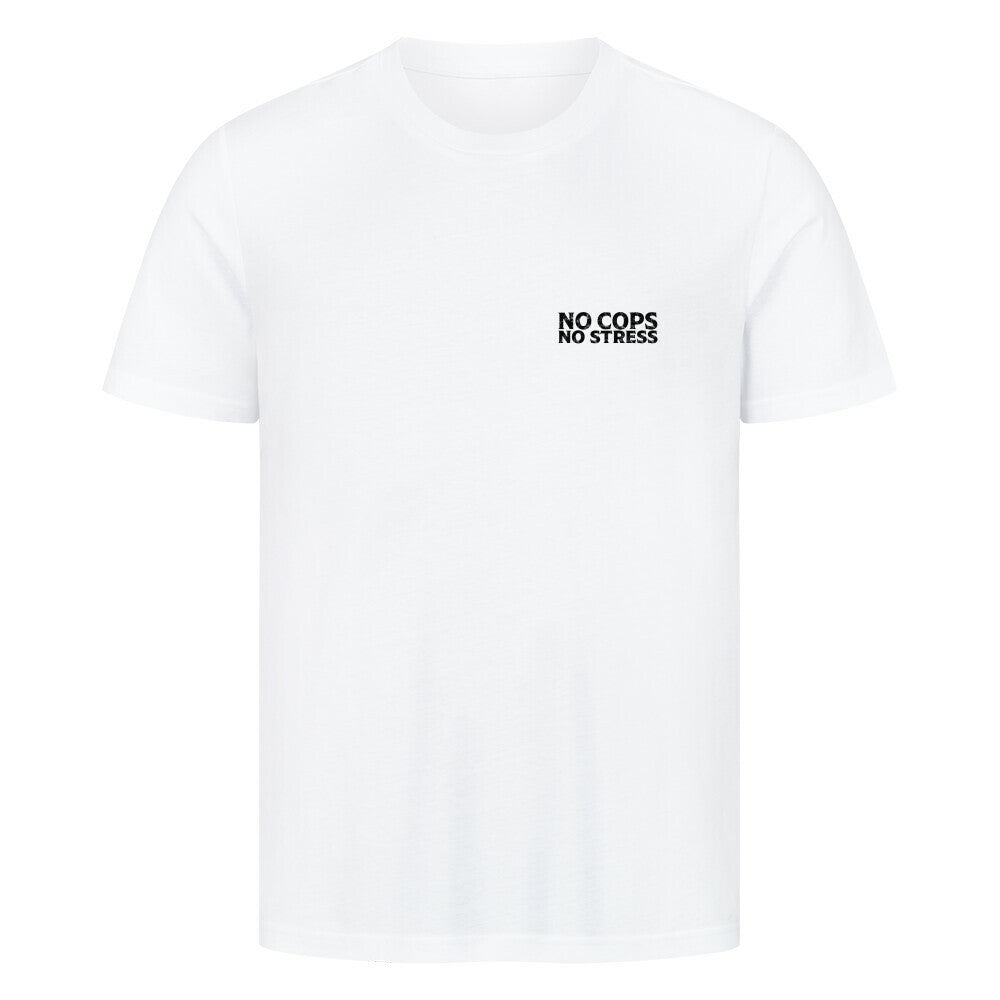 Mazares Herren T-Shirt mit „No Cops No Stress“ Schriftzug auf der Brust. Klassischer Schnitt mit angenehmem Baumwollstoff und minimalistischem Biker-Print.