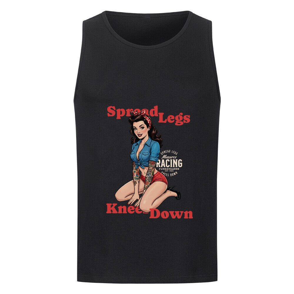 Mazares Racing Herren Tanktop „Spread Legs / Knees Down“ – leichtes Baumwoll-Tanktop im lässigen Fit mit Retro-Pin-up Frontprint und Mazares Logo. schwarz