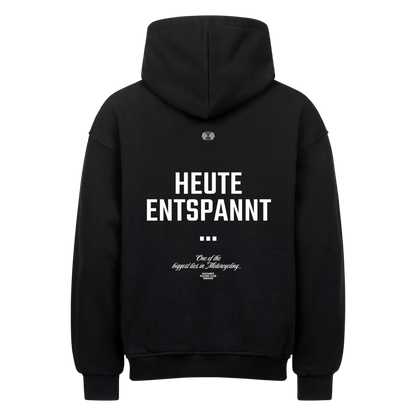 Schwarzer Mazares Racing Oversized Hoodie mit dem Design „Heute entspannt“ und ironischem Spruch für Motorradfahrer.