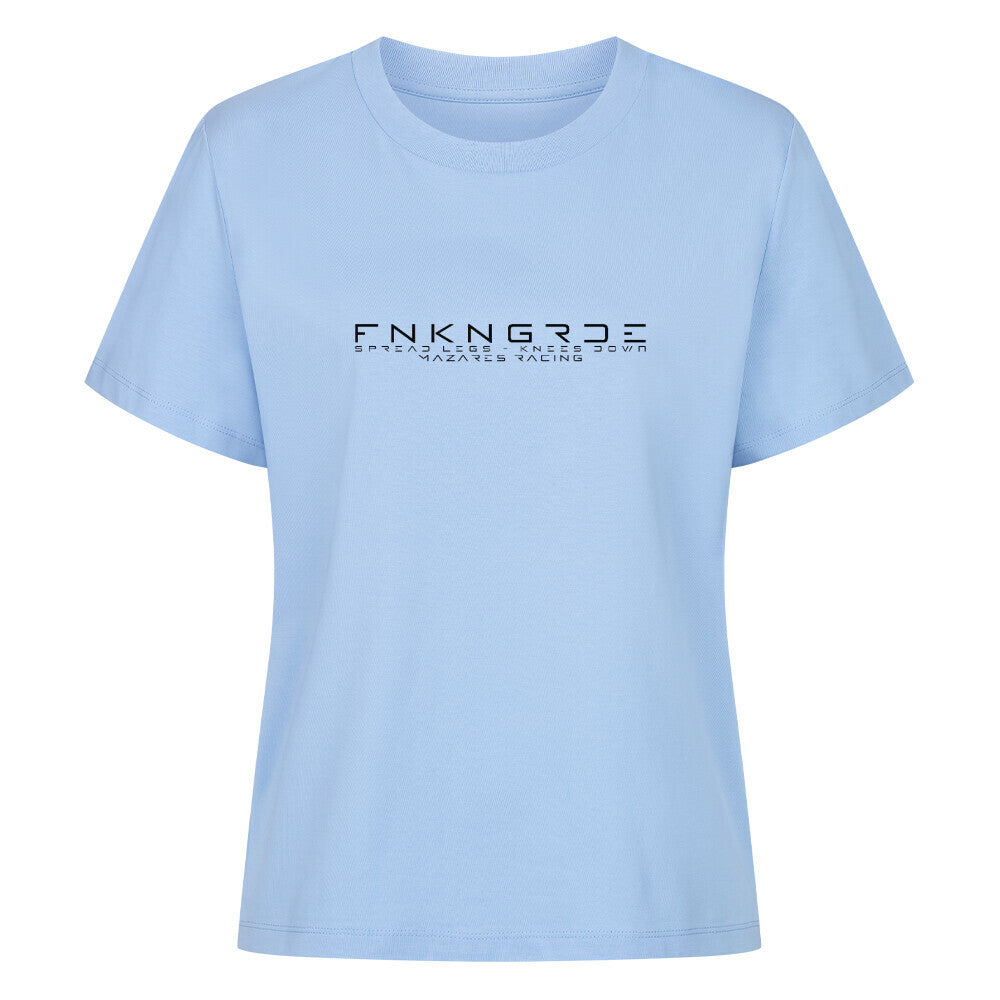 Mazares Racing Ladies Shirt Funkengarde – Spread Legs Knees Down in sky blue. Modernes Damen T-Shirt mit cleanem Frontprint im Bikerstyle – 100 % Baumwolle, sportlich, hochwertig und leger