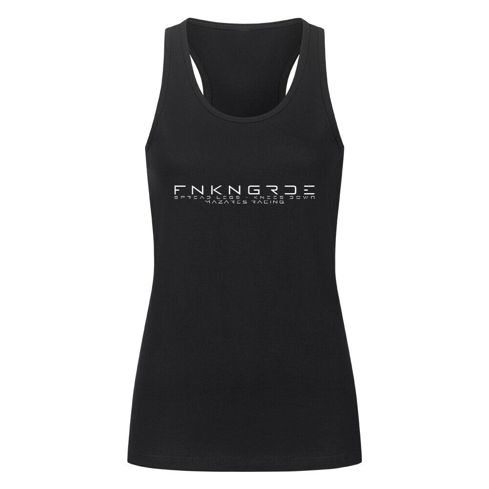 Mazares Racing Damen Racerback Top Funkengarde – Spread Legs Knees Down. Leichtes Single-Jersey Biker Top aus 100 % Baumwolle mit sportlichem Frontprint im Mazares Style. schwarz