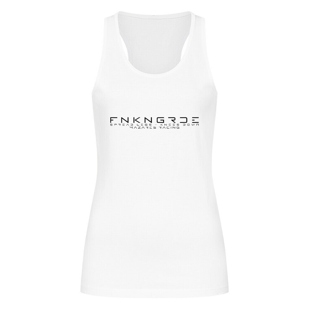 Mazares Racing Damen Racerback Top Funkengarde – Spread Legs Knees Down. Leichtes Single-Jersey Biker Top aus 100 % Baumwolle mit sportlichem Frontprint im Mazares Style. weiß