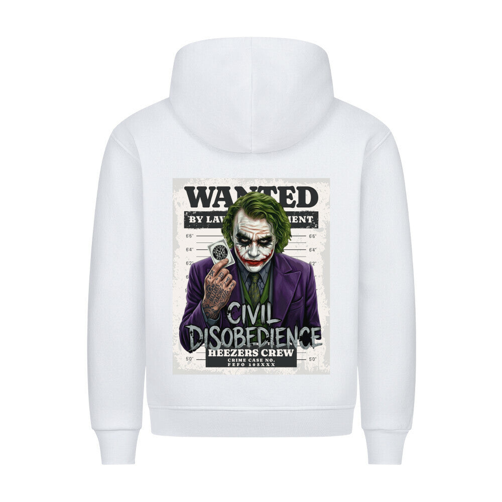 Classic Hoodie mit großem Civil Disobedience Rückenprint von Mazares Racing. Streetwear inspiriert von Motorradkultur, Freiheit und urbanem Lifestyle. weiß