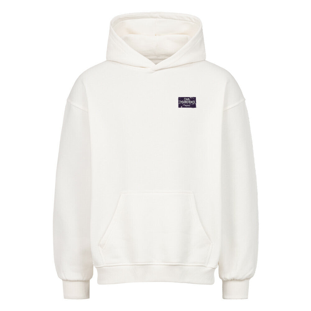 Civil Disobedience Oversized Hoodie von Mazares Racing mit kleinem Frontprint im Streetwear- und Bikerstyle. Schwerer Oversized Fit für Motorradfahrer und Urban Streetwear. weiß