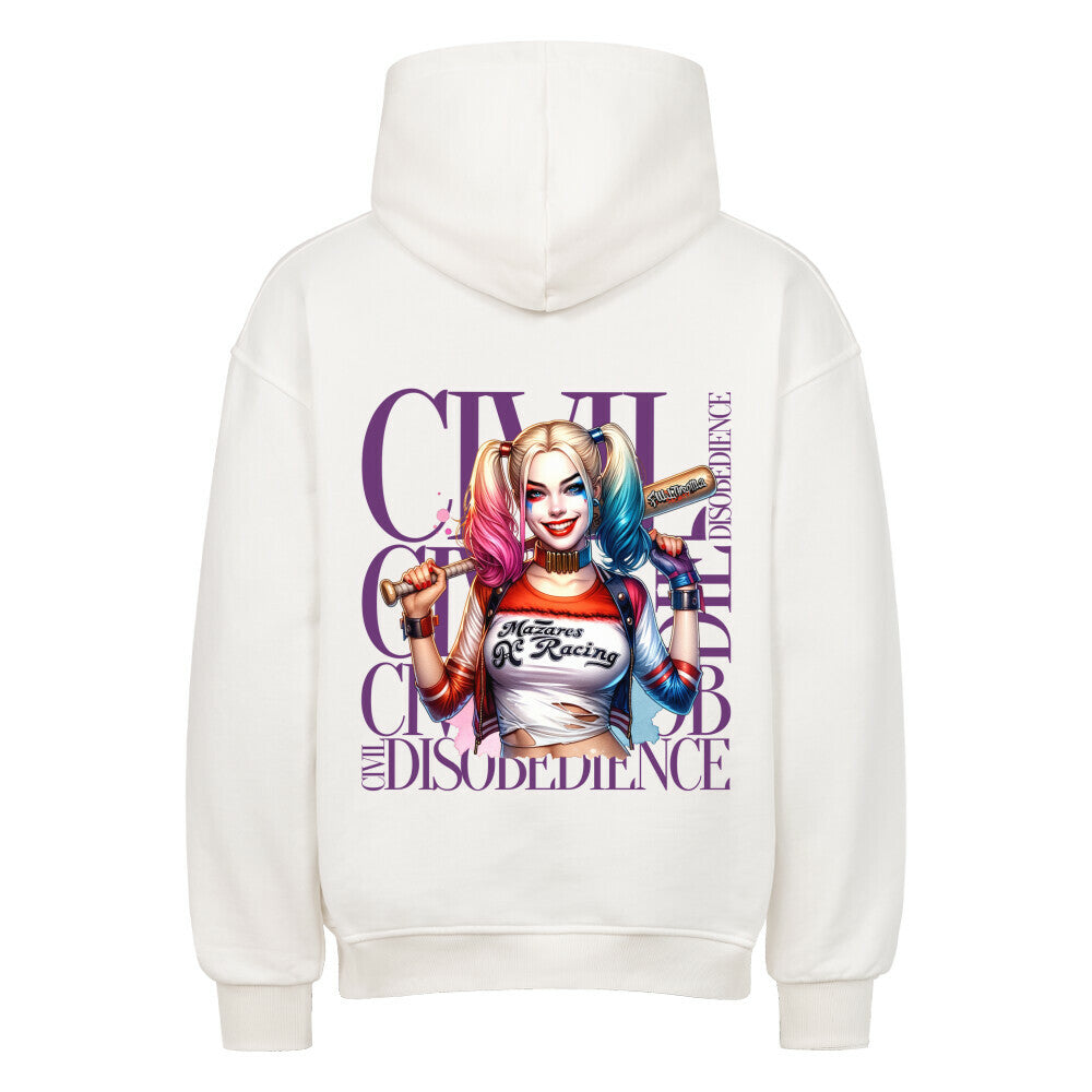 Weißer Oversized Hoodie mit Civil Disobedience Backprint und femininem Streetwear Artwork von Mazares Racing.