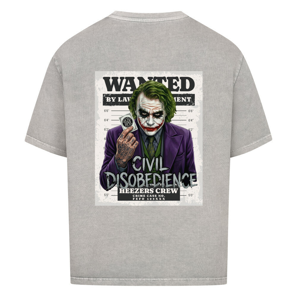 Oversized Shirt mit großem Civil Disobedience Rückenprint von Mazares Racing. Streetwear inspiriert von Motorradkultur, Freiheit und urbanem Lifestyle. washed grey