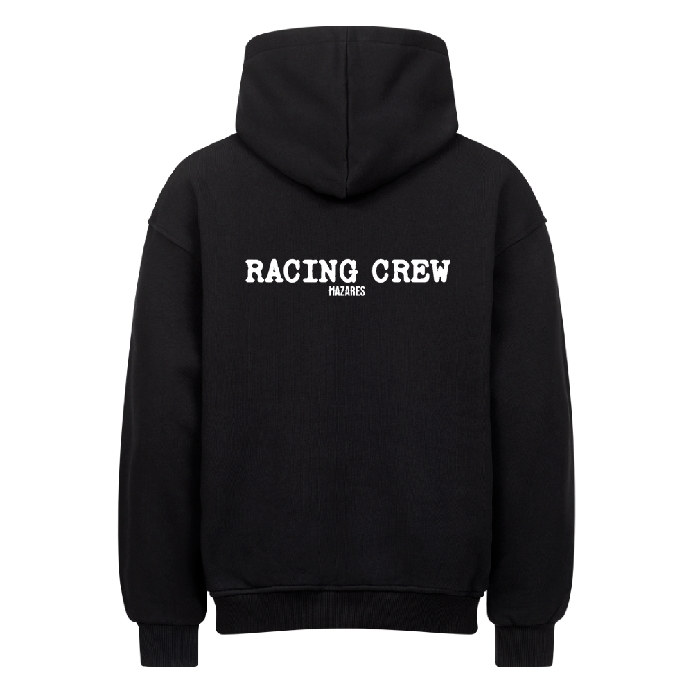 Mazares Racing Crew Oversized Hoodie in Schwarz mit großem Backprint, 380 GSM und lässigem Oversized Fit.