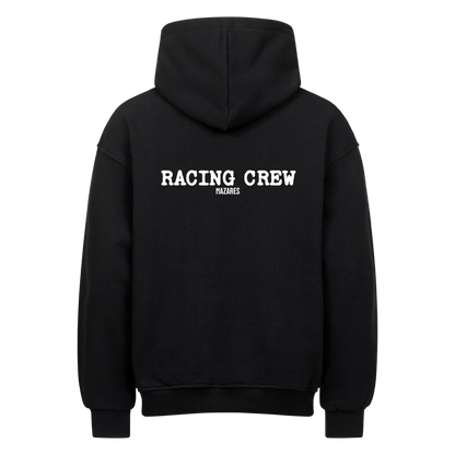 Mazares Racing Crew Oversized Hoodie in Schwarz mit großem Backprint, 380 GSM und lässigem Oversized Fit.