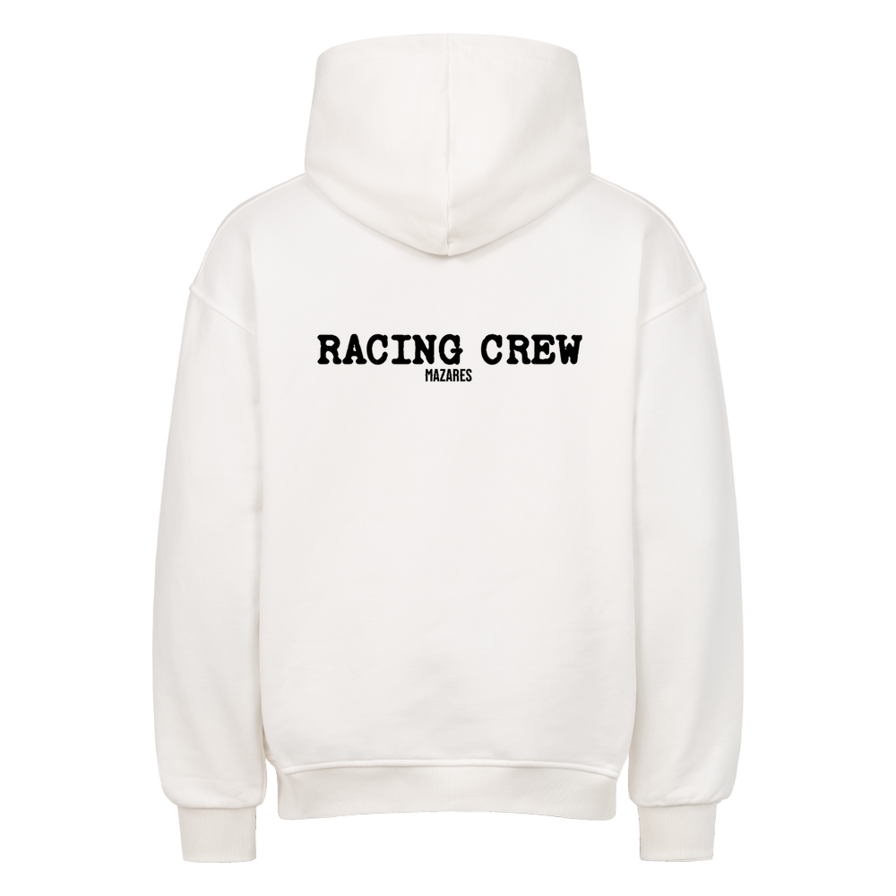 Mazares Racing Crew Oversized Hoodie in Weiß mit Racing Crew Backprint und schwerer 380 GSM Qualität.
