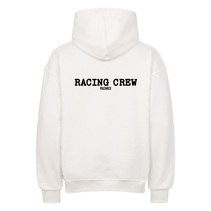 Mazares Racing Crew Oversized Hoodie in Weiß mit Racing Crew Backprint und schwerer 380 GSM Qualität.