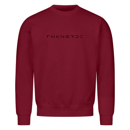 Funkengarde Sweatshirt – Spread Legs / Knees Down von Mazares Racing. Burgunder Biker-Sweatshirt aus 80 % Baumwolle mit Racing-Motiv und Typographie-Print. Streetwear für Motorradfahrer und Racing-Enthusiasten.