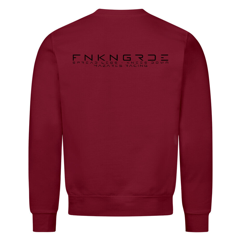 Funkengarde Sweatshirt – Spread Legs / Knees Down von Mazares Racing. Burgunder Biker-Sweatshirt aus 80 % Baumwolle mit Racing-Motiv und Typographie-Print. Streetwear für Motorradfahrer und Racing-Enthusiasten.