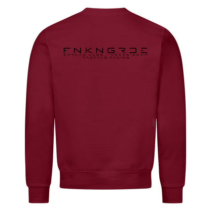 Funkengarde Sweatshirt – Spread Legs / Knees Down von Mazares Racing. Burgunder Biker-Sweatshirt aus 80 % Baumwolle mit Racing-Motiv und Typographie-Print. Streetwear für Motorradfahrer und Racing-Enthusiasten.