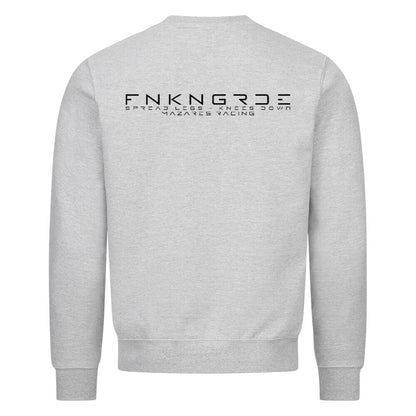 Funkengarde Sweatshirt – Spread Legs / Knees Down von Mazares Racing. Graues Biker-Sweatshirt aus 80 % Baumwolle mit Racing-Motiv und Typographie-Print. Streetwear für Motorradfahrer und Racing-Enthusiasten.