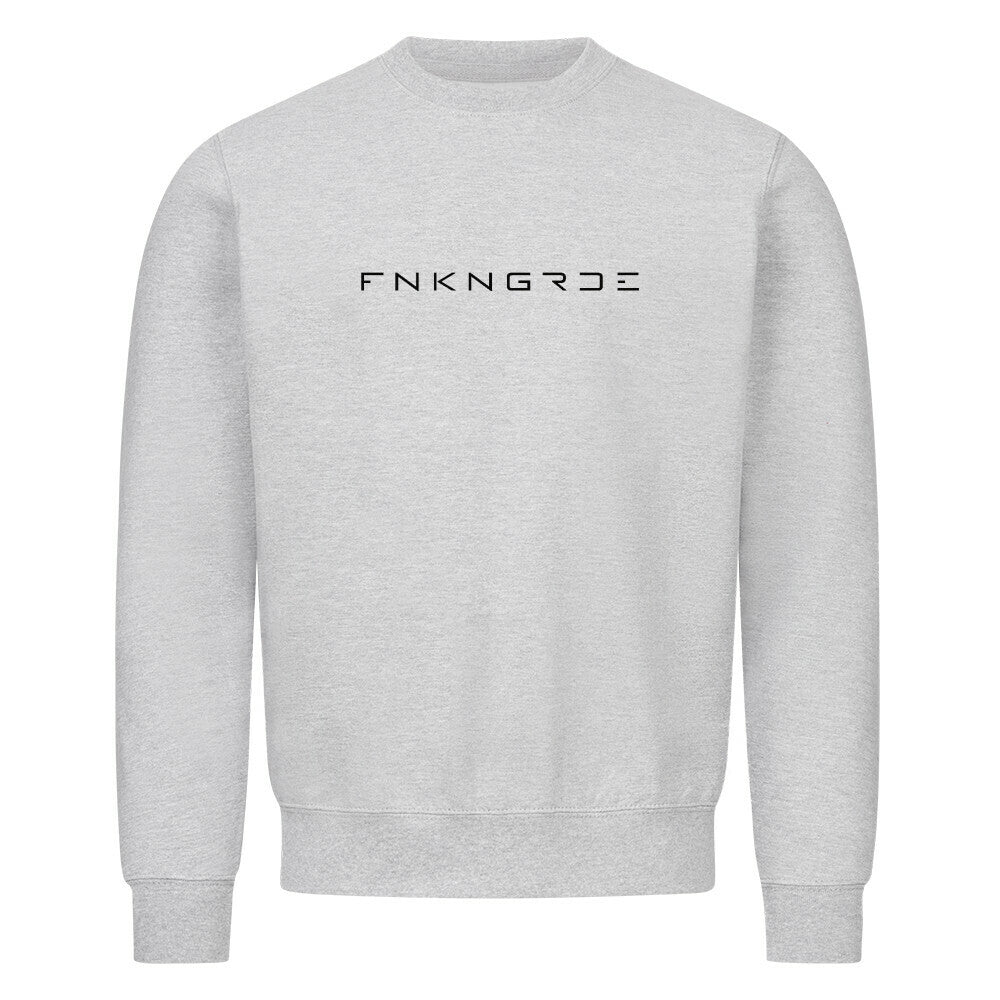 Funkengarde Sweatshirt – Spread Legs / Knees Down von Mazares Racing. Graues Biker-Sweatshirt aus 80 % Baumwolle mit Racing-Motiv und Typographie-Print. Streetwear für Motorradfahrer und Racing-Enthusiasten.