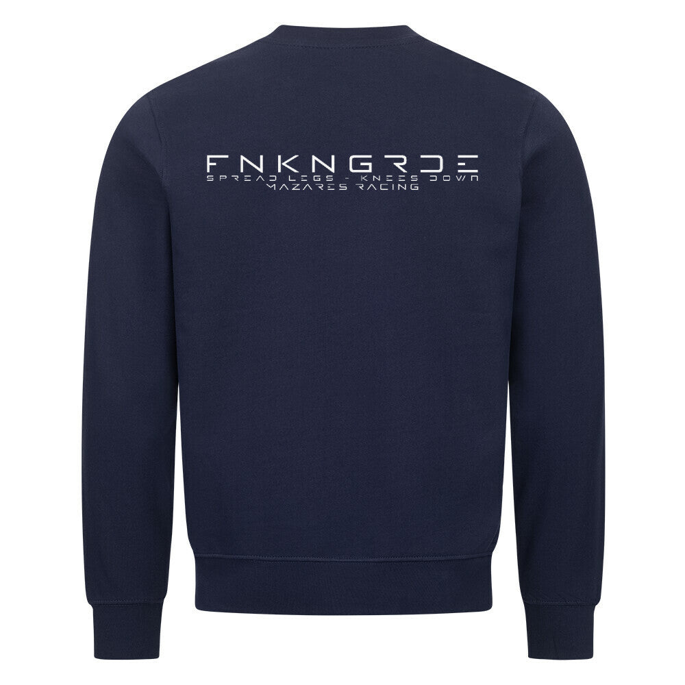 Funkengarde Sweatshirt – Spread Legs / Knees Down von Mazares Racing. Navy blau Biker-Sweatshirt aus 80 % Baumwolle mit Racing-Motiv und Typographie-Print. Streetwear für Motorradfahrer und Racing-Enthusiasten.