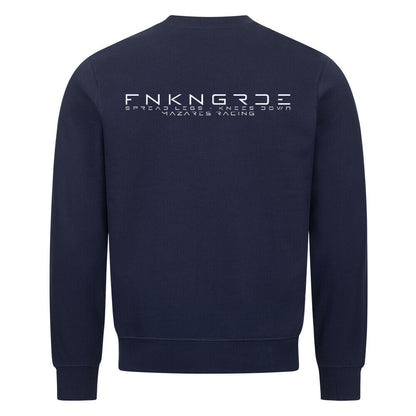 Funkengarde Sweatshirt – Spread Legs / Knees Down von Mazares Racing. Navy blau Biker-Sweatshirt aus 80 % Baumwolle mit Racing-Motiv und Typographie-Print. Streetwear für Motorradfahrer und Racing-Enthusiasten.