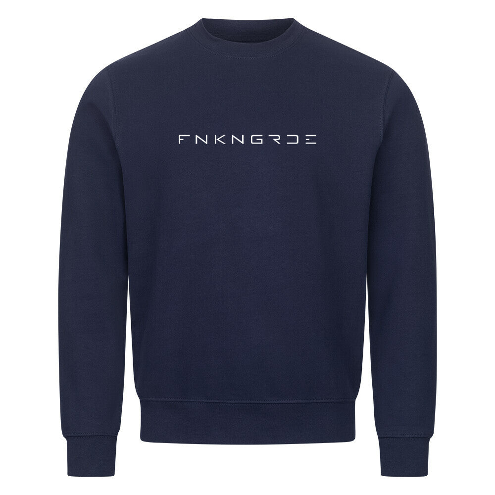 Funkengarde Sweatshirt – Spread Legs / Knees Down von Mazares Racing. Navyblau Biker-Sweatshirt aus 80 % Baumwolle mit Racing-Motiv und Typographie-Print. Streetwear für Motorradfahrer und Racing-Enthusiasten.