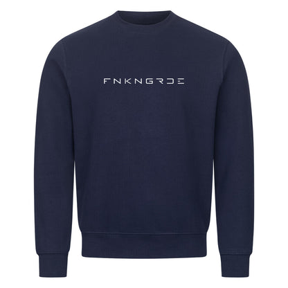 Funkengarde Sweatshirt – Spread Legs / Knees Down von Mazares Racing. Navyblau Biker-Sweatshirt aus 80 % Baumwolle mit Racing-Motiv und Typographie-Print. Streetwear für Motorradfahrer und Racing-Enthusiasten.