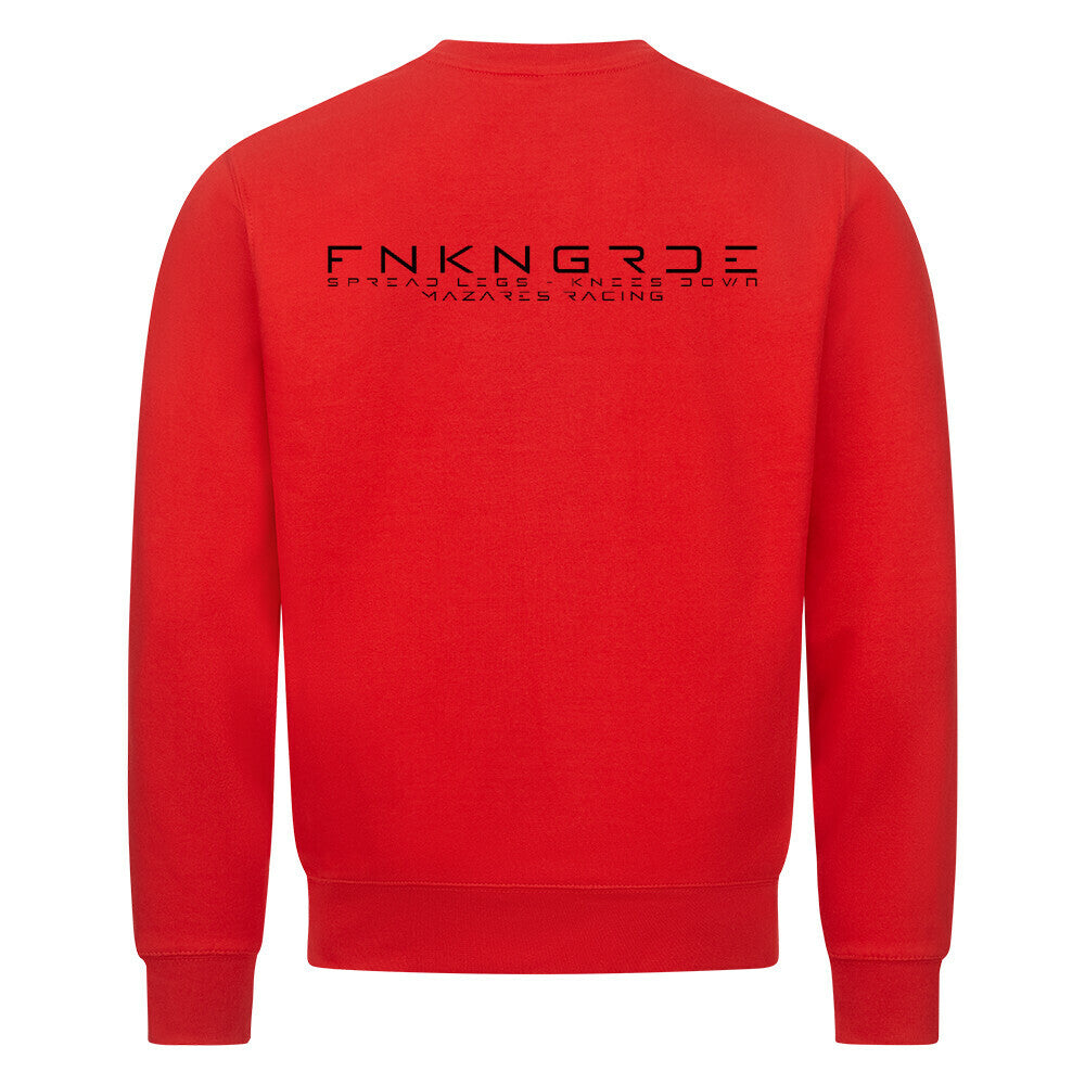 Funkengarde Sweatshirt – Spread Legs / Knees Down von Mazares Racing. Rotes Biker-Sweatshirt aus 80 % Baumwolle mit Racing-Motiv und Typographie-Print. Streetwear für Motorradfahrer und Racing-Enthusiasten.